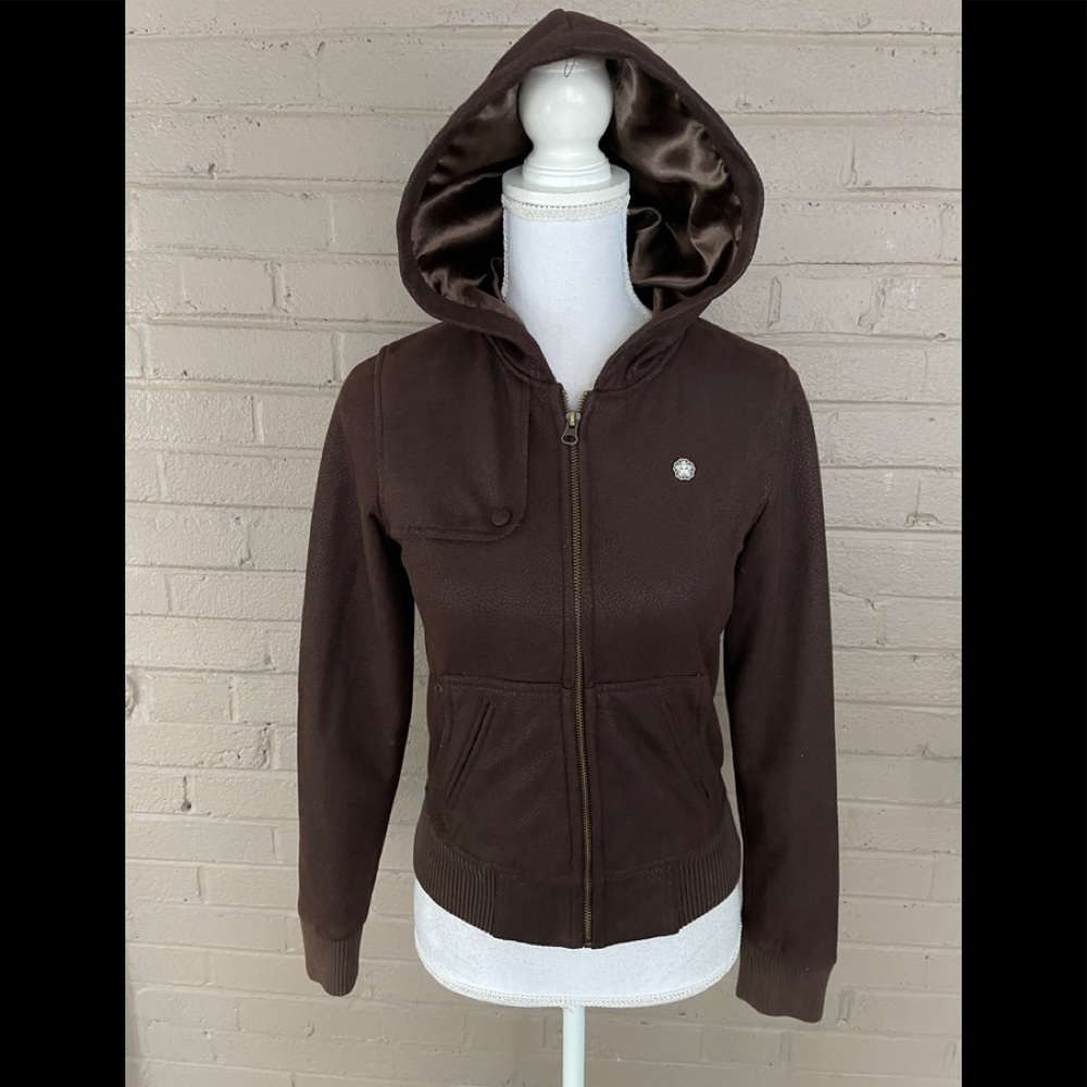 Obey Brown faux suede zip front Hoodie jacket S